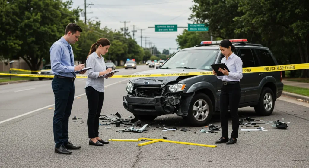 Current image: Lawyer holding a gavel and insurance form in front of a crashed vehicle.