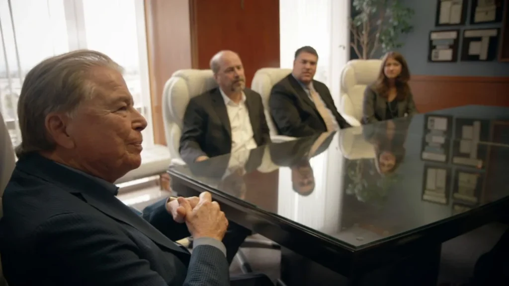 Current image: Lawyer reviewing car insurance documents with client in Riverside law office