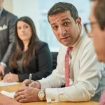 Current image: Attorney meeting accident victim in a Philadelphia law office for car insurance consultation.