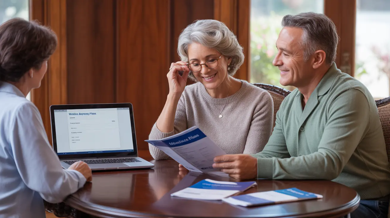 senior couple comparing medicare advantage plans for seniors 2025 on laptop